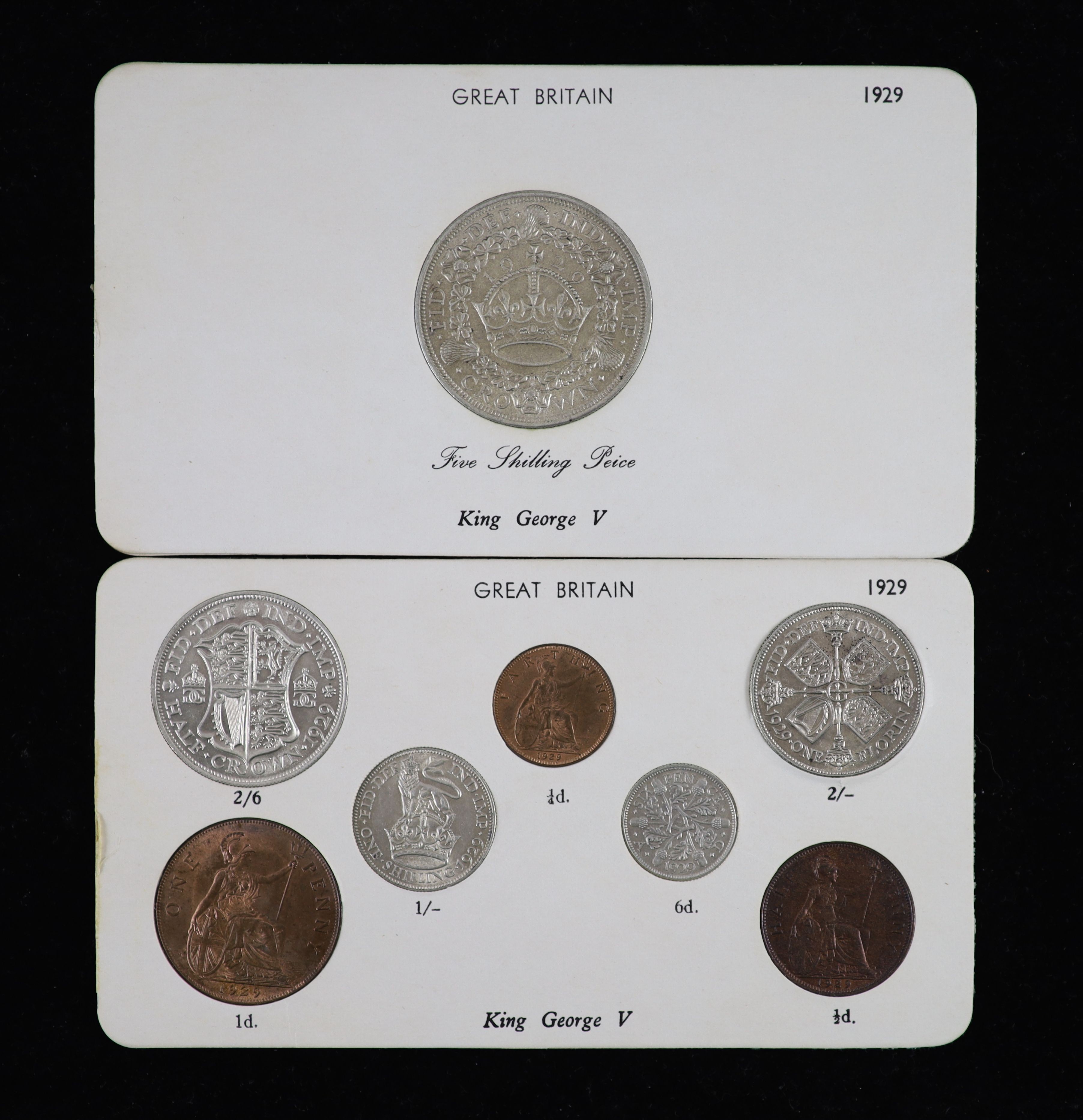 A George V specimen set of eight coins, 1929, fourth coinage, comprising Crown, (S4036), cleaned otherwise about EF, halfcrown to threepence, cleaned otherwise about EF, penny to farthing, toned and lustrous UNC